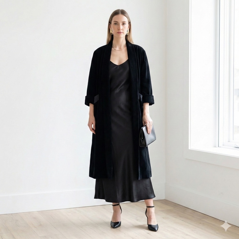 Vintage Dejac Paris 1980s Black Velvet Bow Back Opera Coat - One Size - Picture 2 of 8